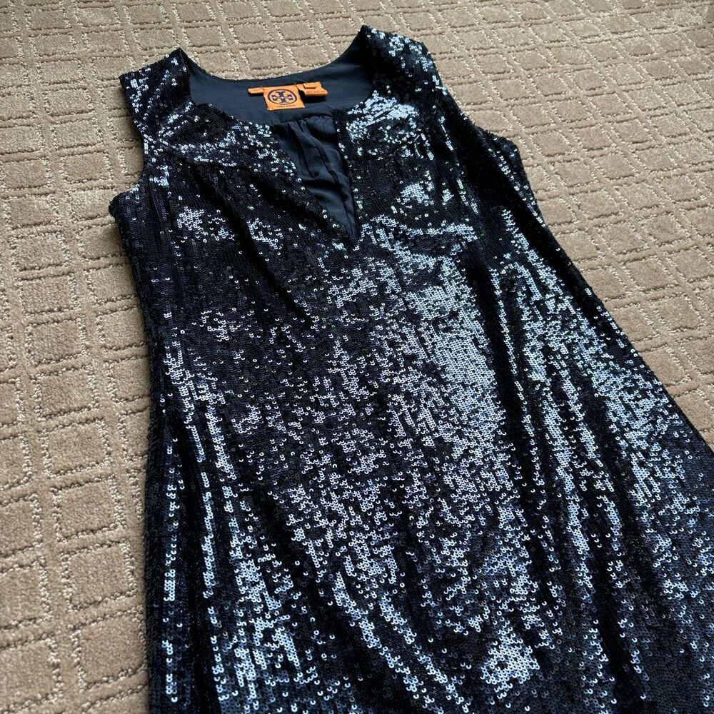 Tory Burch Sequin Cocktail Dress Womens 2 Sleeveless Metallic Navy Blue Silk NYE - Picture 4 of 11